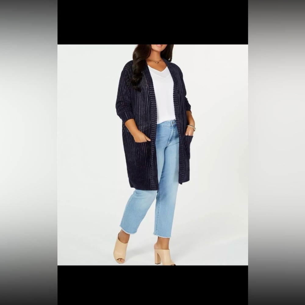 Say What? Women’s navy Ribbed Duster Cardigan Sweater, 3X - Picture 1 of 8